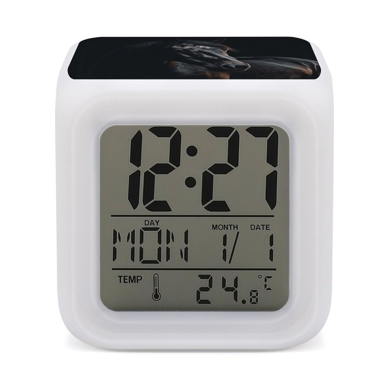 Reloj despertador digital LED de caballo oscuro con luz nocturna de colores y termómetro de mesa