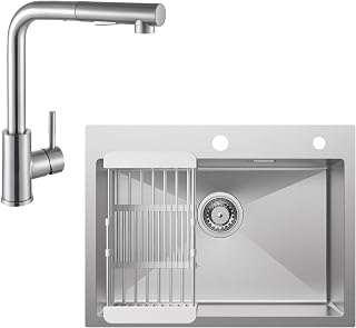 CECIPA Fregadero de Cocina 60x45 cm + Grifo de Cocina Extensible, Fregadero con Escurridor y Sifón, Fregadero Cocina 1 Seno Cuadrado, Fregadero encastrable con 2 Orificios, Acero Inoxidable Cepillado
