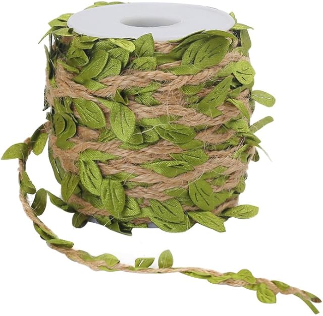 tenn well Leaf Ribbon, 66 Feet Green Ribbon Jute Twine String with Leaf for Wedding Home Garden Decoration