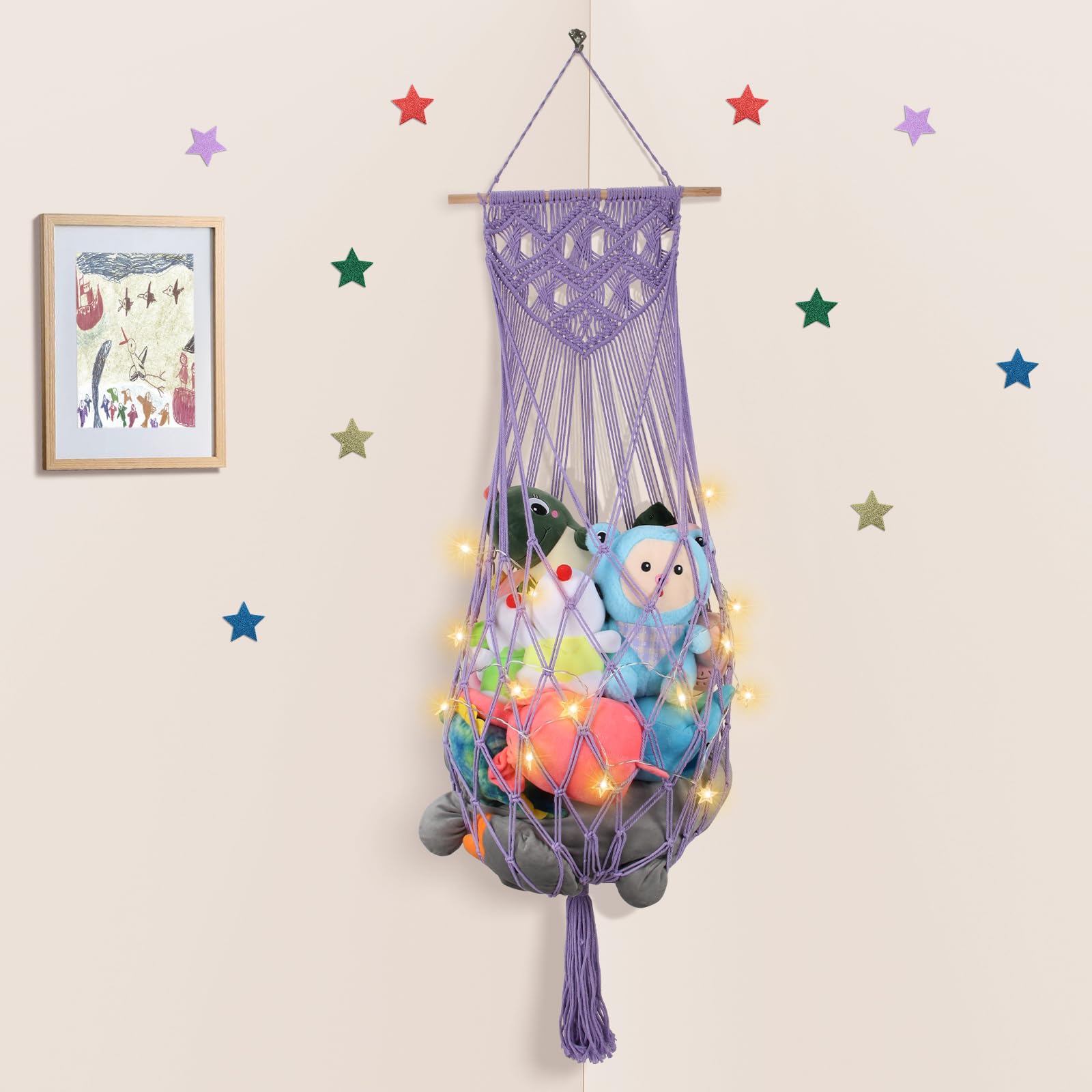 Ihansee Boys Mediumpurple Stuffed Animal Storage Hammock, Boho Tassels Corner Toy Holder Wall Mount, Hanging Net Organizer For Playroom Nursery Decor, Plush Toy Net With String Light For Girls Room(Purple)