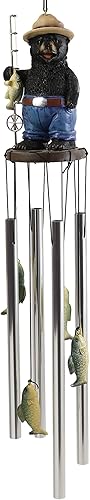 Miniatura 2 de Ebros Gift Figura rústica de Hillbilly de pesca de campo occidental con caña y bajo, figura de corona, campanilla de viento resonante con peces