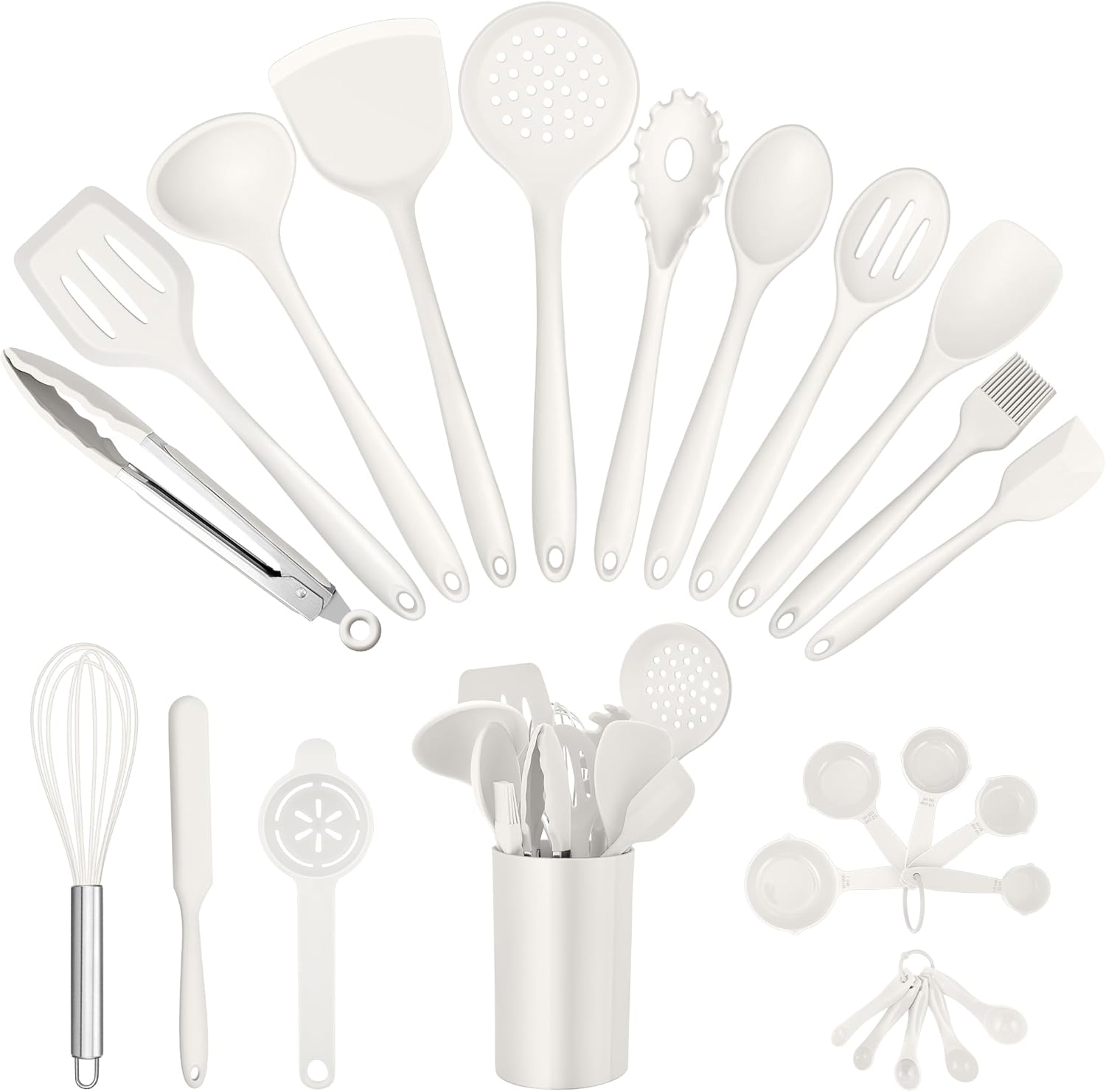 E-far Silicone Cooking Utensils Set, 25 Piece Kitchen Utensils with Holder, Non Toxic Kitchen Tools Spatula, Turner, Spoon, Ladle for Nonstick Cookware, Heat Resistant & Dishwasher Safe – White E-far Silicone Cooking Utensils Set, 25 Piece Kitchen Utensils with Holder, Non Toxic Kitchen Tools Spatula, Turner, Spoon, Ladle for Nonstick Cookware, Heat Resistant & Dishwasher Safe – White