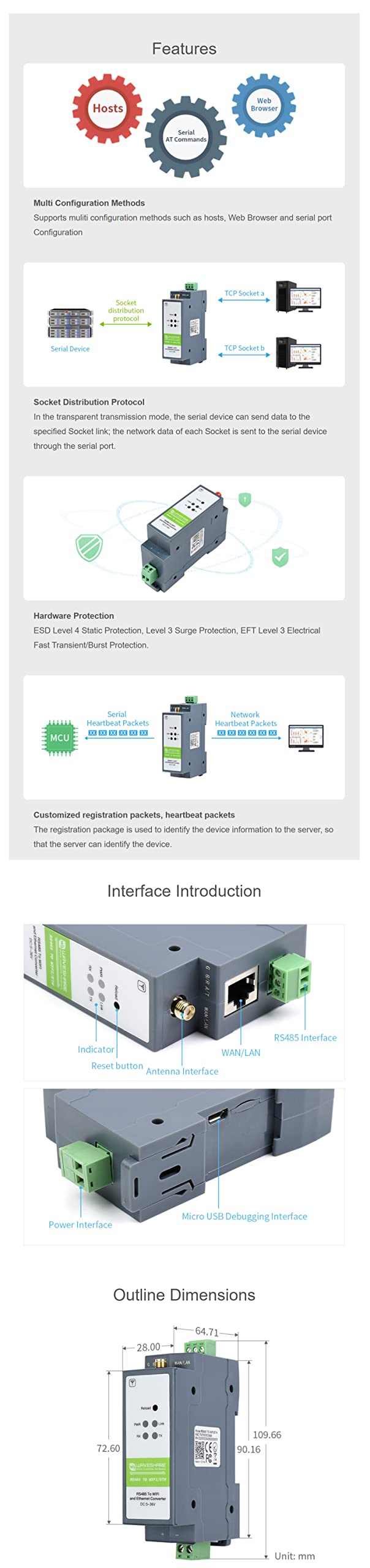 RS485 to WiFi/Ethernet Converter Module Rail-Mount Serial Server Modbus MQTT Gateway
