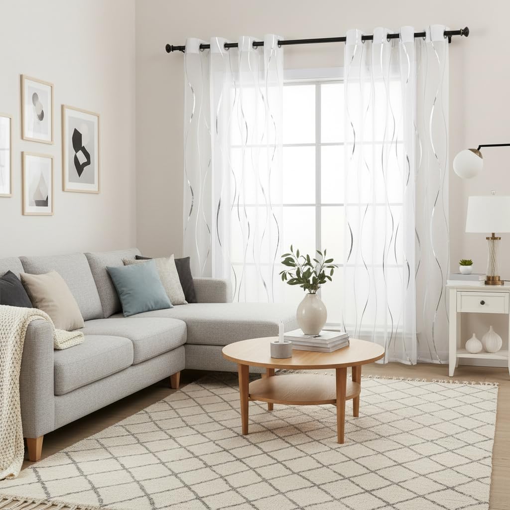L.Z.E Silber Weiß Gardinen Vorhänge, Transparente Wellenmuster Gardine Vorhang für Wohnzimmer Schlafzimmer Arbeitszimmer, 2er Set Dekogardine Schal mit Ösen, 245 cm Lang (LZE2250E-S245)
