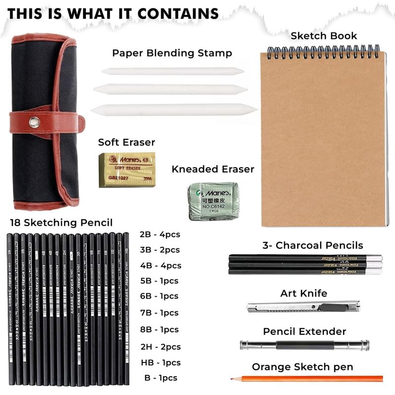 Image of DaKos Sketch Pencil Set - Drawing Pencil Set and Shading Pencil Set for Artists, with A5 Drawing Sketch Book, Perfect Sketching Kit of Charcol Pencil and Shading Art (31 Pieces)
