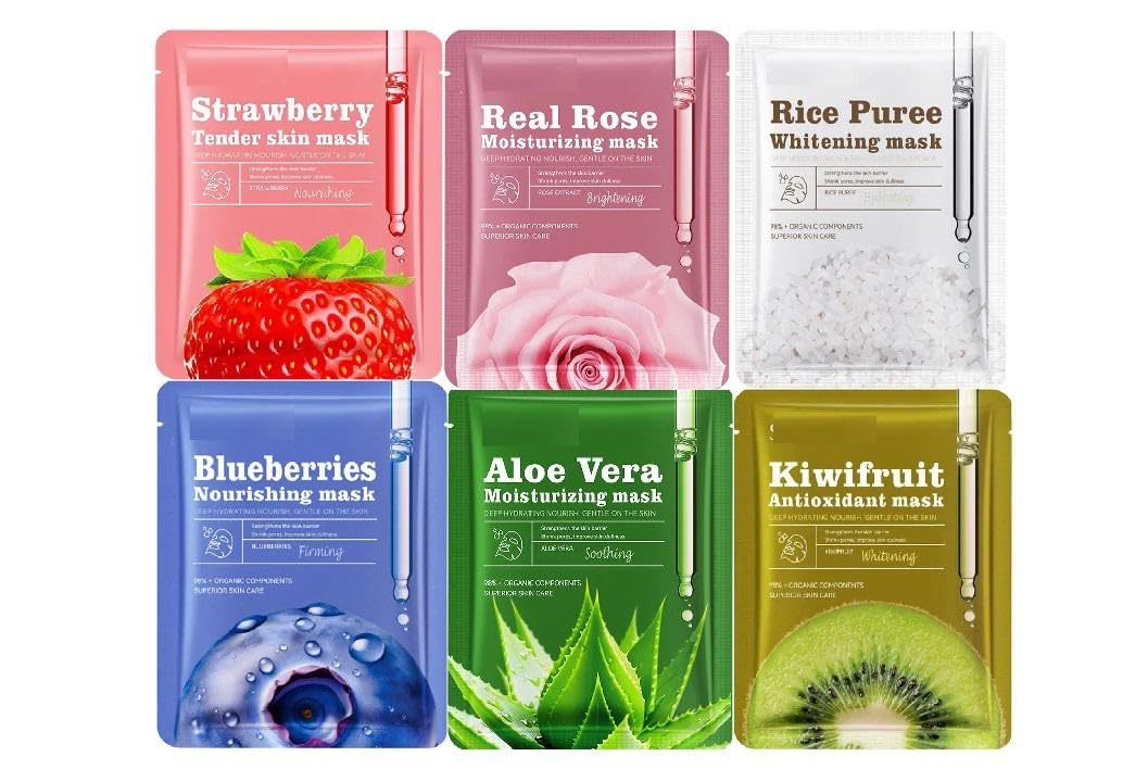 Korean Sheet Mask Set, 6 Pack Facial Masks with Strawberry, Rose, Rice, Blueberry, Aloe Vera, Kiwi, Moisturising and Whitening