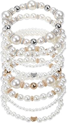 8 Pack Pearl Bracelets for Women Simulated Pearl Beaded Stackable Bracelet Set White Pearls Stretch Bracelet Set Multilayered Elastic Pearls Bracelets Bangles for Women Bridal Boho Jewelry