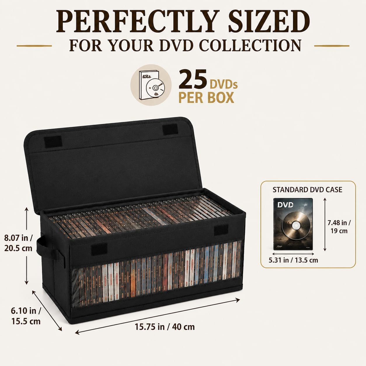 Stackable DVD Storage Box with Visible Window and Handles, Premiun Fabrics 4 Packs DVD Storage Case 15.7'' x 6.1'' x 8.1'' Holds Up to 100 DVDs in Full,Suitable for Home, Office, Media Room