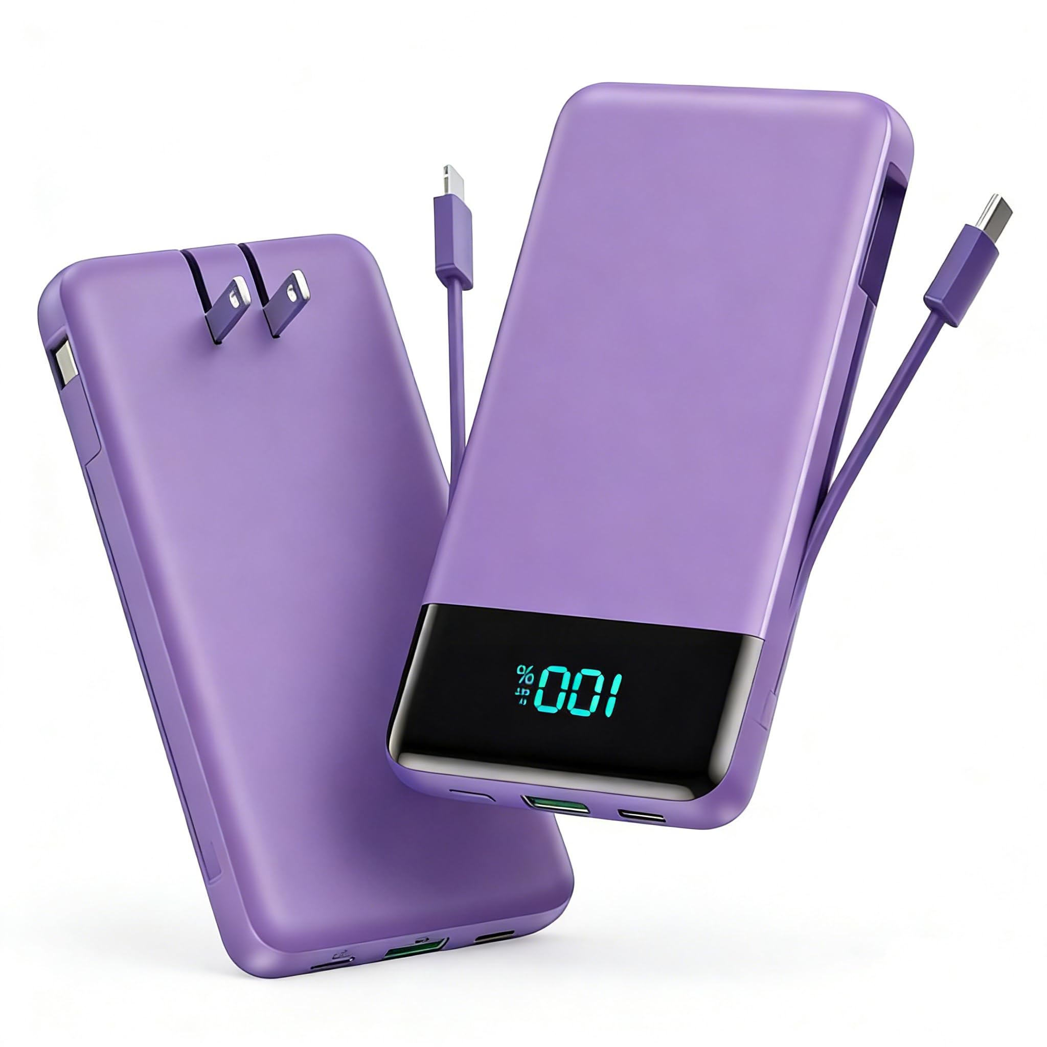 Portable Charger for iPhone,13800mAh Slim Power Bank with Built-in Cables &amp; AC Wall Plug,All in One 4 Outputs USB C Fast Charging Battery Pack Travel Essential for iPhone 17/16/15/14,Android (Purple)