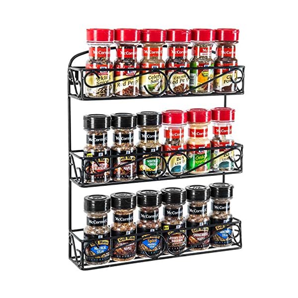 MyGift 3 Tier Wall Mounted Black Metal Wire Spice Rack with Scrollwork Design, Seasoning Jars and Condiment Pantry Organizer