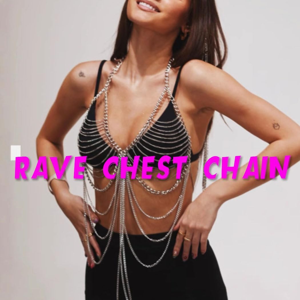 Chain Bra Sexy Body Jewelry for Women Silver Body Chains Tassel Chain Bra Top Rave Nightclub Costume Accessories