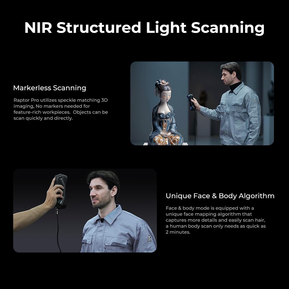 Creality Raptor Pro Scanner 3D pour impression 3D, scanner 3D portable avec précision de 0,02 mm, laser bleu 22+7 et NIR, 60 fps haute vitesse et objets de 5 mm à 4 m, numérisation couleur 24 bits