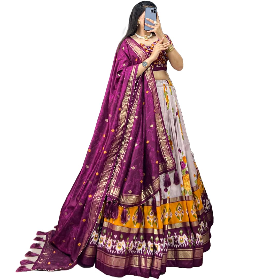 Tussar Silk Lehenga Set with Perfect floral abd patola print design, with Jaquard Border, Floral Print With Foil Work Lehenga Choli Set-image-9