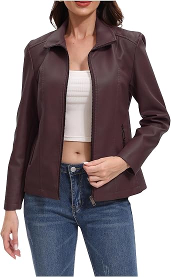 Borniu Womens Solid Color Jackets PU Leather Faux Motorcycle Moto Biker Coat with Zip Pockets Fall Outfits Winter Clothes