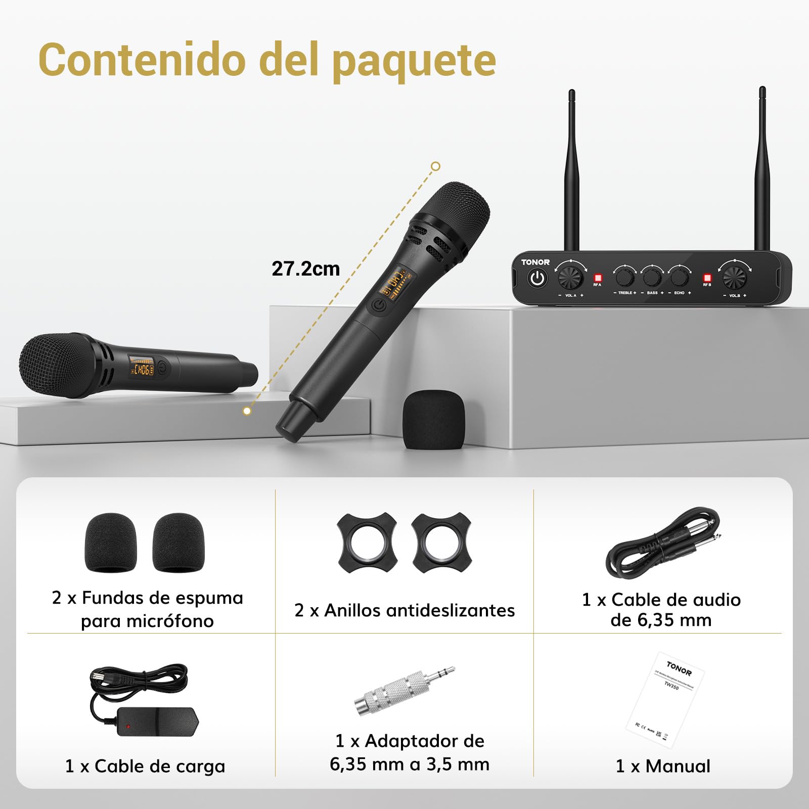 TONOR Micrófono Inalámbrico, Dual Mic UHF Sistema de Micrófono Dinámico de Mano con Receptor, Compatible con Amplificador, Sistema PA,para Karaoke Domestico/Boda/DJ/Fiesta/Iglesia,60M, Negro,TW350