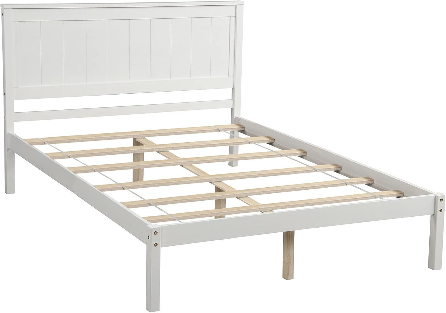 Full Bed Frame with Headboard, Solid Wood Bed with Support Slat for Kids Boys and Girls, No Box Spring Needed White, Full Size.