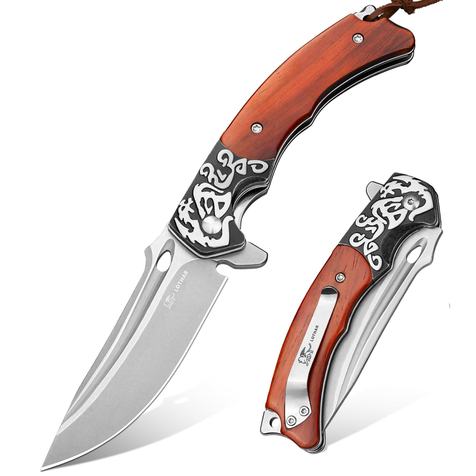 LOTHAR Pocket Knife for Men, 3.5" 14C28N Steel Folding Knife,Sandalwood Handle, Classical Bolster, Flipper Assisted Opening, EDC Knife gifts for Men