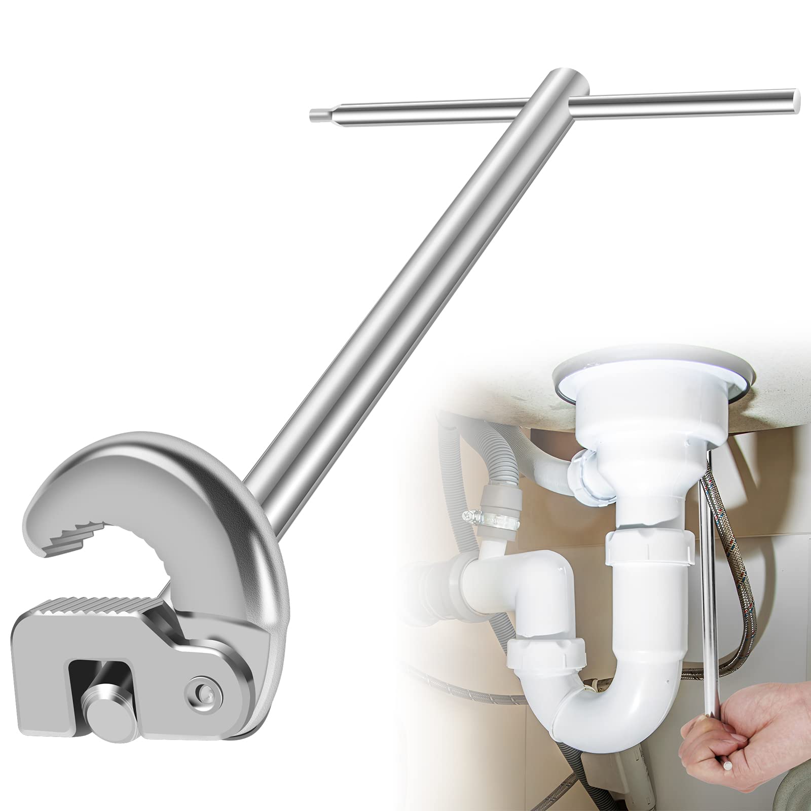 Clé de lavabo rotative à 180 degrés réglable en acier au carbone robuste pour robinet de robinet, outil de réparation universel pour évier, salle de bain, cuisine (argenté)