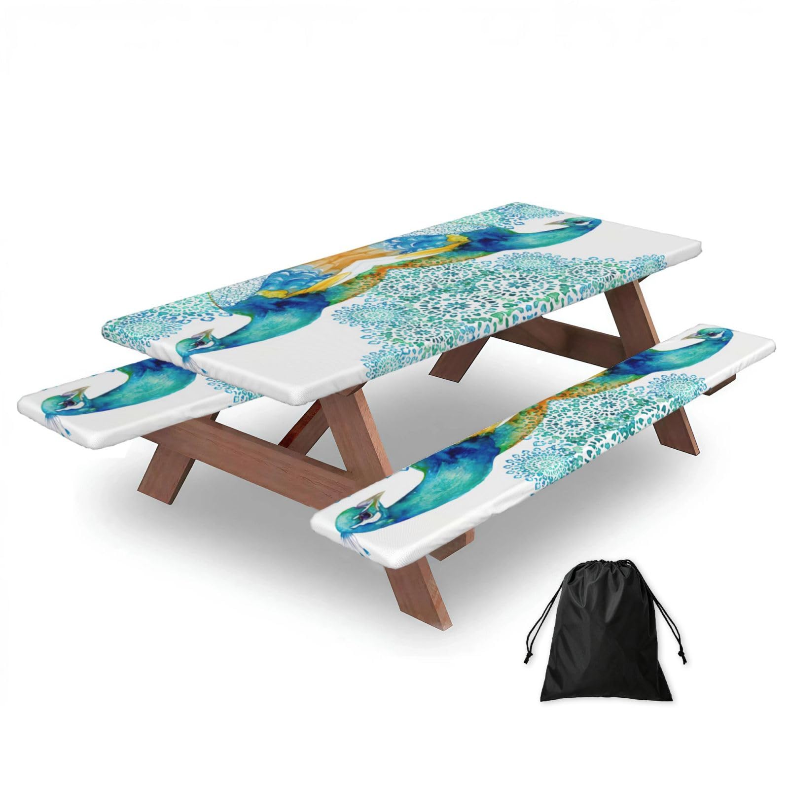 Beautiful Peacock And Floral Print 3 Pack Wipeable Picnic Bench Cover And Table Cover Lightweight Table Cloth For Camping Outdoor
