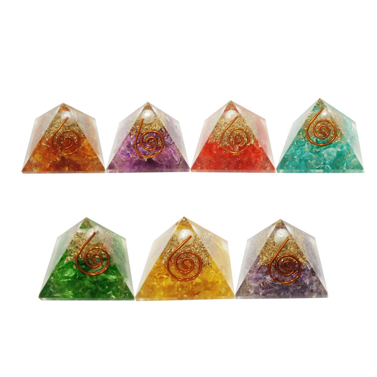 Crocon Seven Colors Orgone Pyramids White Pearl Stone Copper Spiral Set of 7 Healing orgonite Gemstone Pyramid Reiki Crystal Chakra organite Size 1 inch Each.