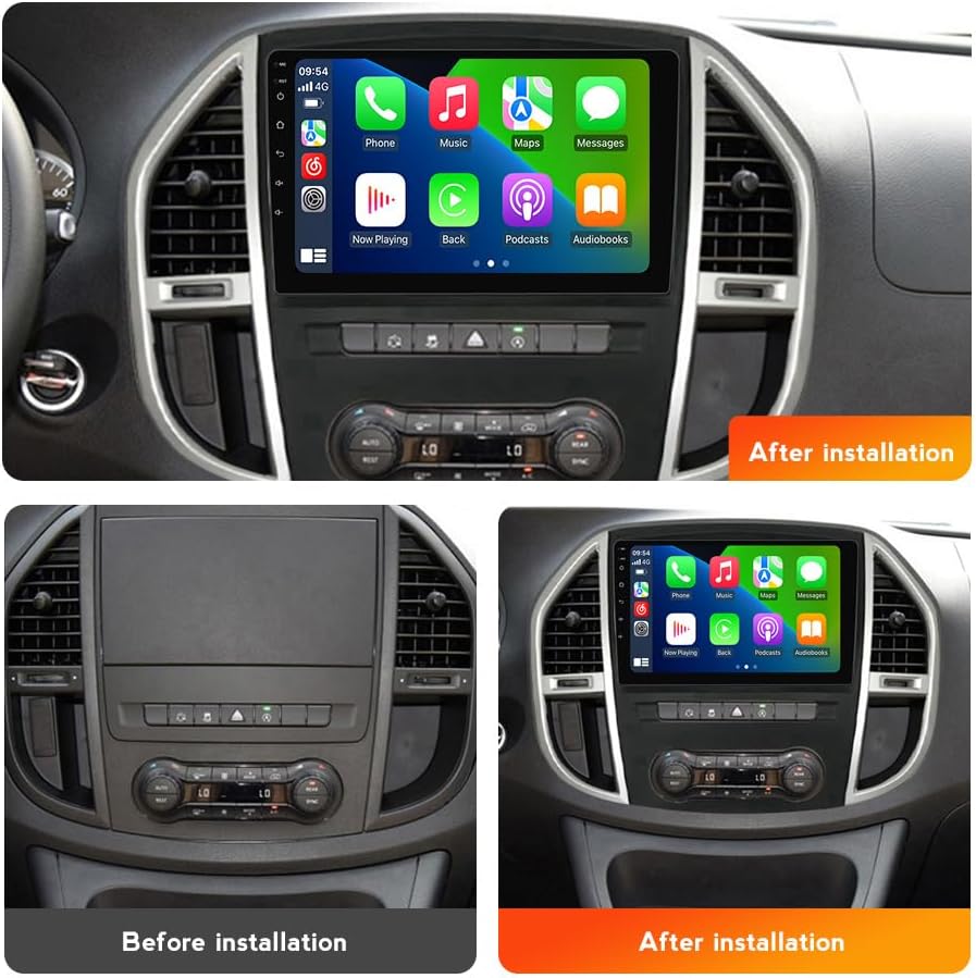 Comparison image showing the car dashboard before and after the installation of the new head unit.