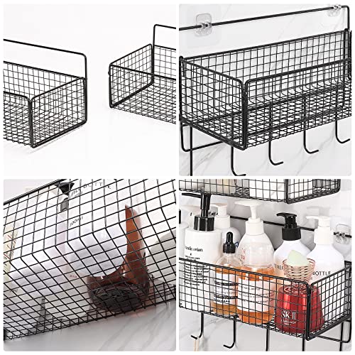 Livabber Adhesive Shower Caddy Basket Shelf With Hooks, All Metal Bathroom Organizer Shelf Rustproof Storage Basket No Drilling Wall Mounted, 2-In-1 Space Saving Kitchen Spice Racks, 2 Pack, Black #TOP2