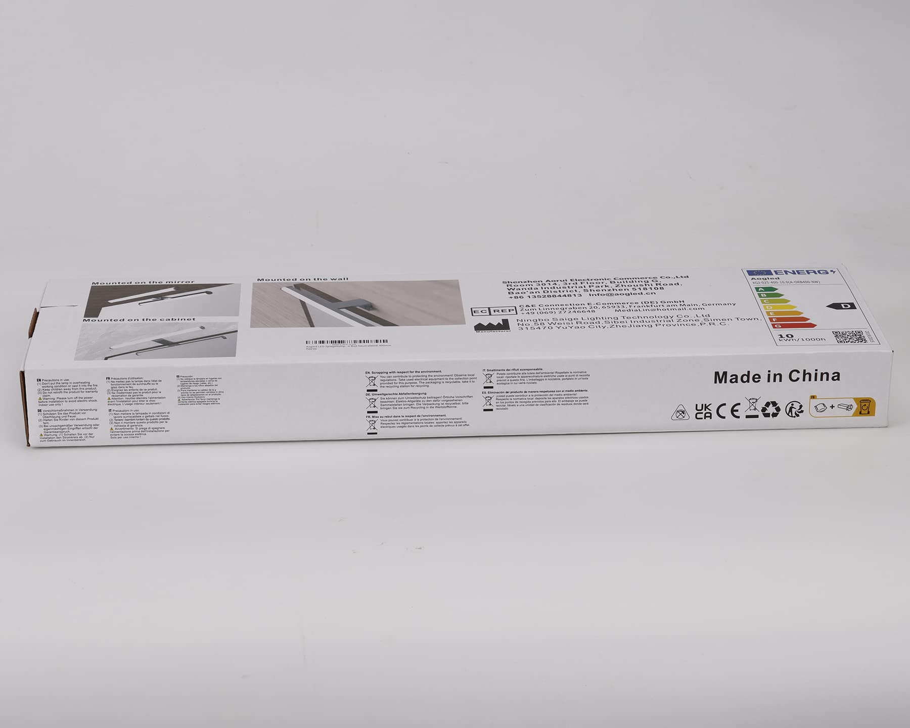 Lámpara de Espejo Baño 40 cm 10W 1200LM 230V Blanco Frío 4000K,IP44 Clase II Lámpara de Espejo de baño Delgada,Abrazadera en el Espejo/Gabinete/Iluminación de Pared