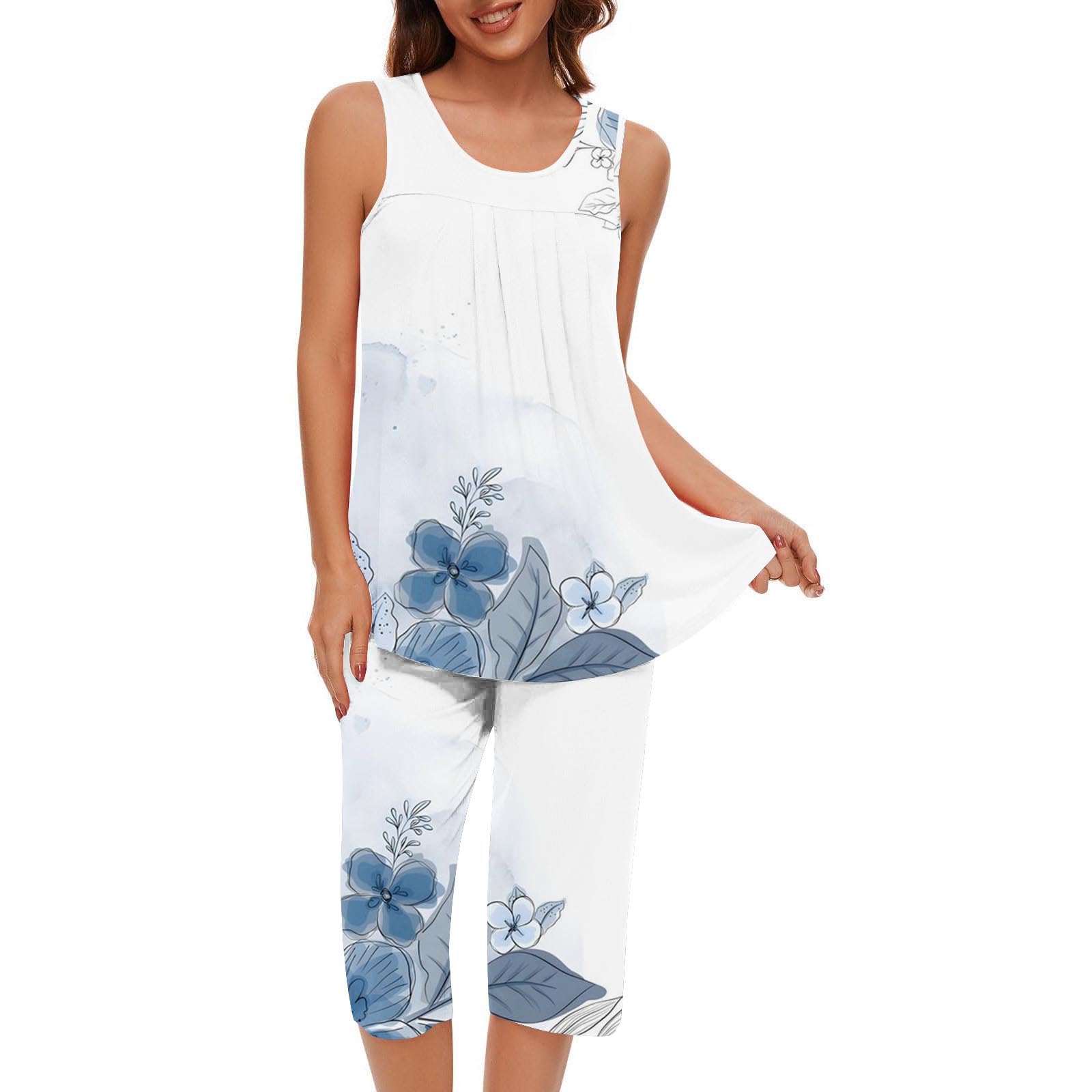 Ensemble Femme Chic 2025 T-Shirts Plissé Hauts Et Pantalon,T Shirt Femme Imprimés Floraux Ample Et Confortable Tee Shirt À Sans Manches Loungewear T-Shirts Short Ensemble De Pyjamas