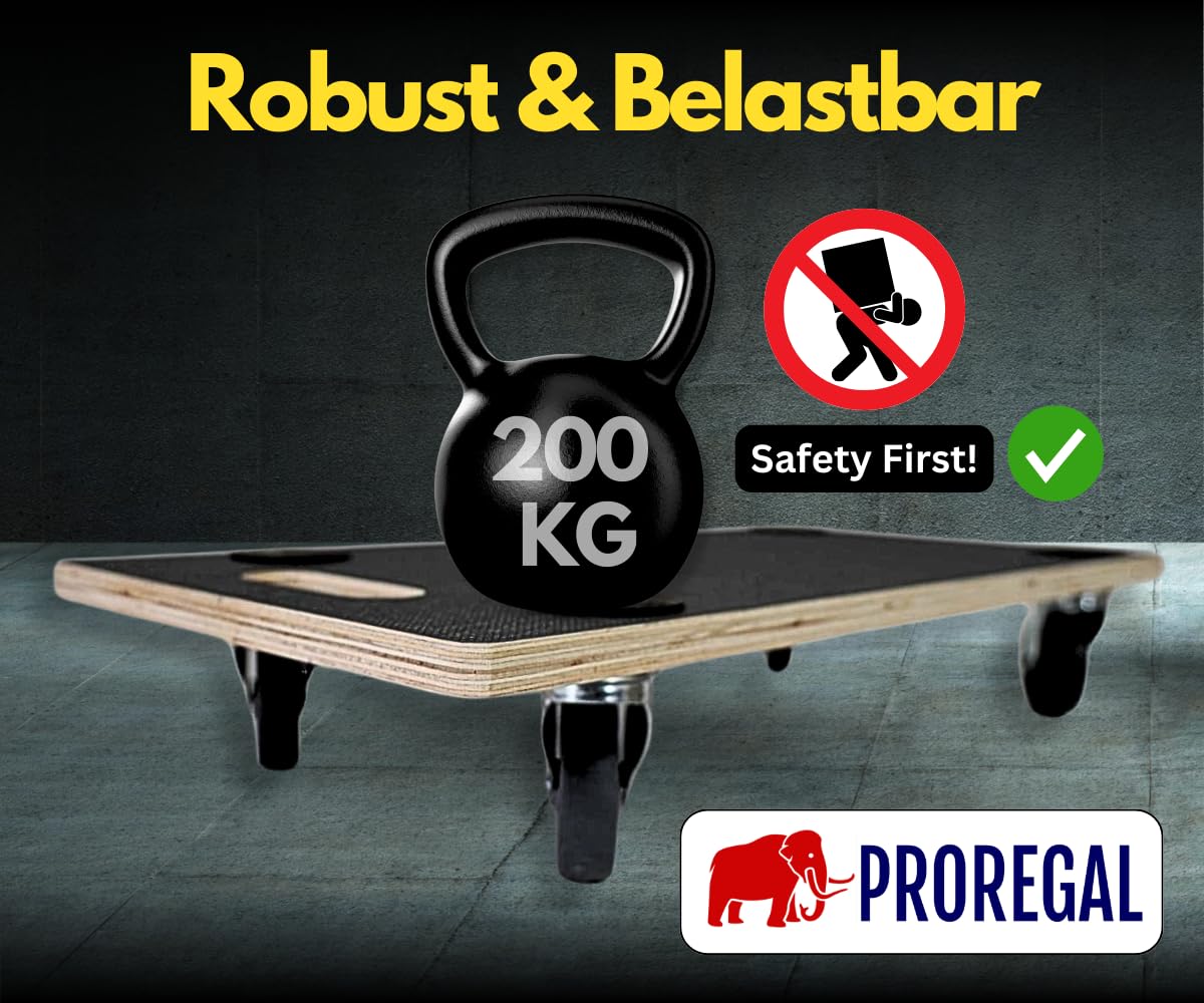PROREGAL 2erSet Profi Transportroller Hercules 60x30 cm Schwerlast bis 200 kg mit 4 Gummirollen & Griff, Siebdruckplatte rutschfest, Rollbrett für Möbel Waschmaschine Möbelroller Pflanzen Werkstatt