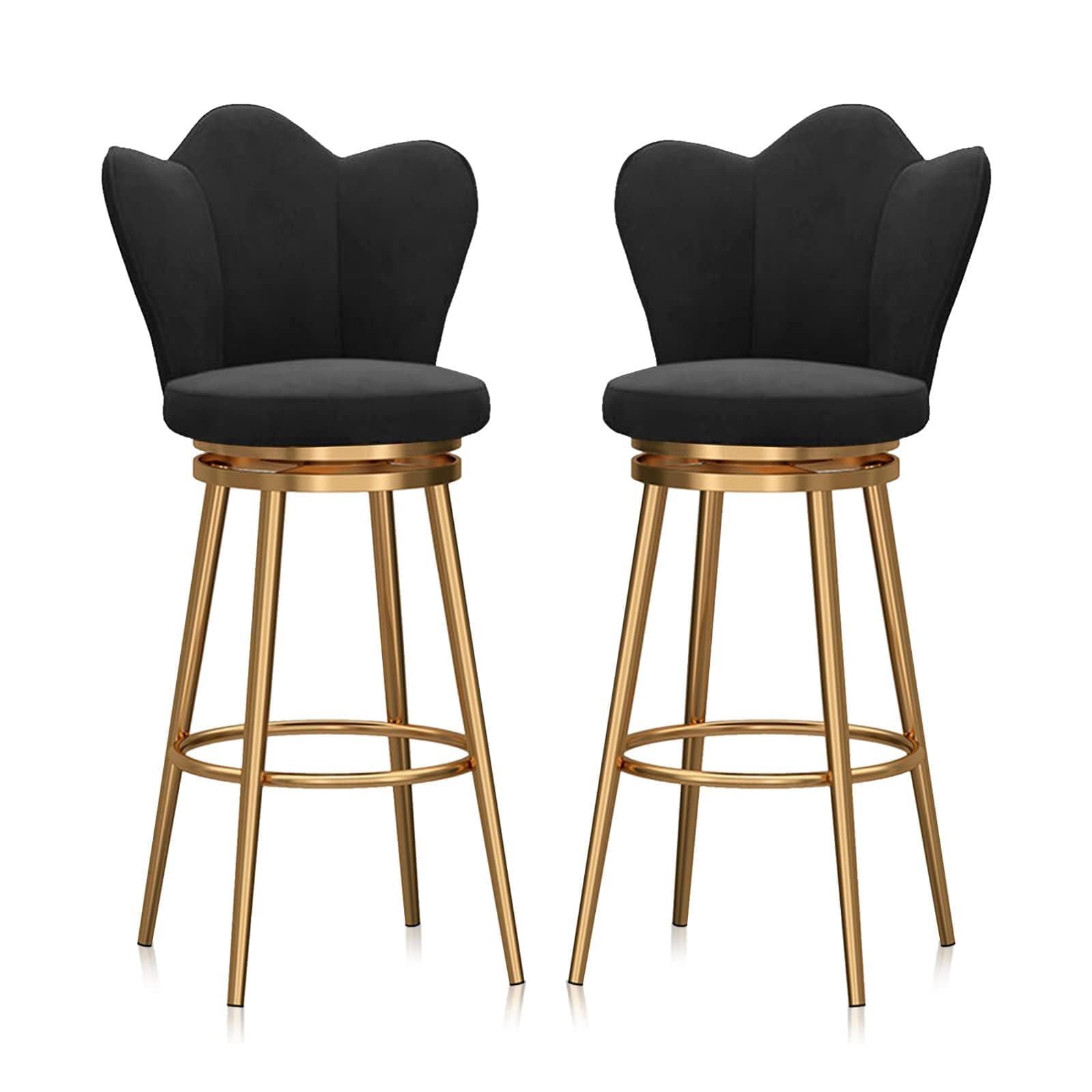 Lot de 2 tabourets de bar en velours – Chaises de salle à manger rembourrées à hauteur de comptoir avec repose-pieds – Sièges de bar élégants – Décoration moderne – Finition noire