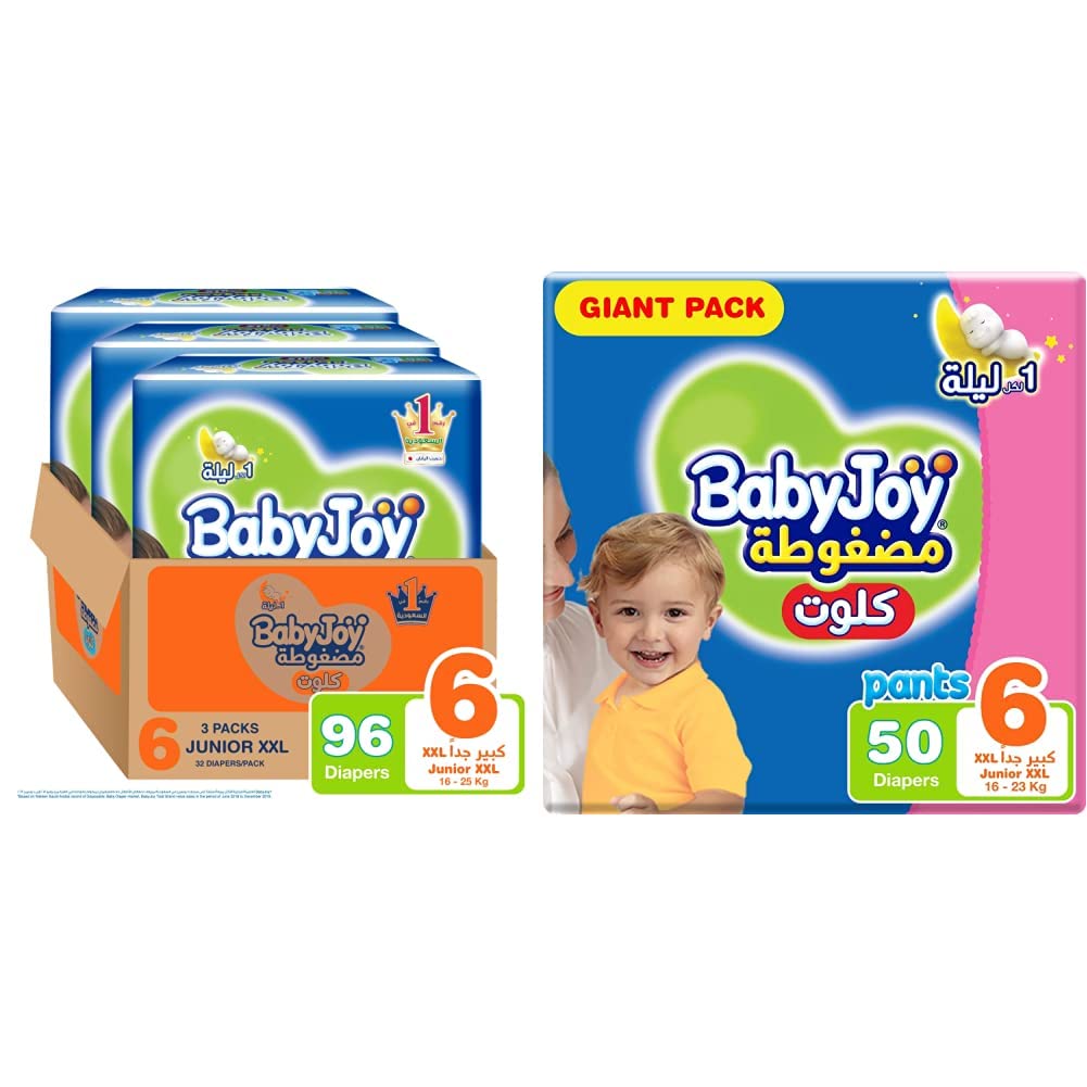 BabyJoyCullotte Pants Diaper, Jumbo Pack Junior XXL Size 6, Count 96, 16+ Kg & Cullotte Diaper Pants, Giant Pack Junior XXL Size 6, Count 50, 16-23 Kg