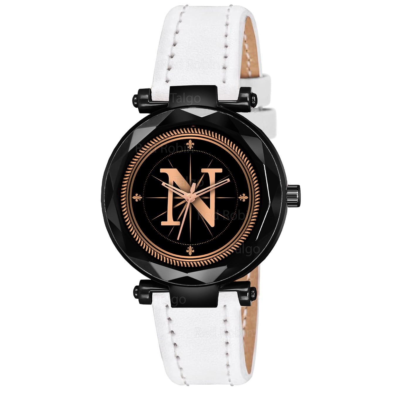 Sky Mart Analog Round Black Dial Alphabet N Design Stylish White Leather Strap Classic Design Fancy Wrist Watch for Women and Girls, Pack of 1 – Alpha-N-GEN-BK-WHT-L