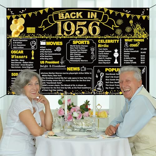 Image of DARUNAXY 70th Birthday Black Gold Party Decoration, Back in 1956 Banner 70 Year Old Birthday Party Poster Supplies Vintage 1956 Backdrop Photography Background for Men & Women 70th Class Reunion Decor