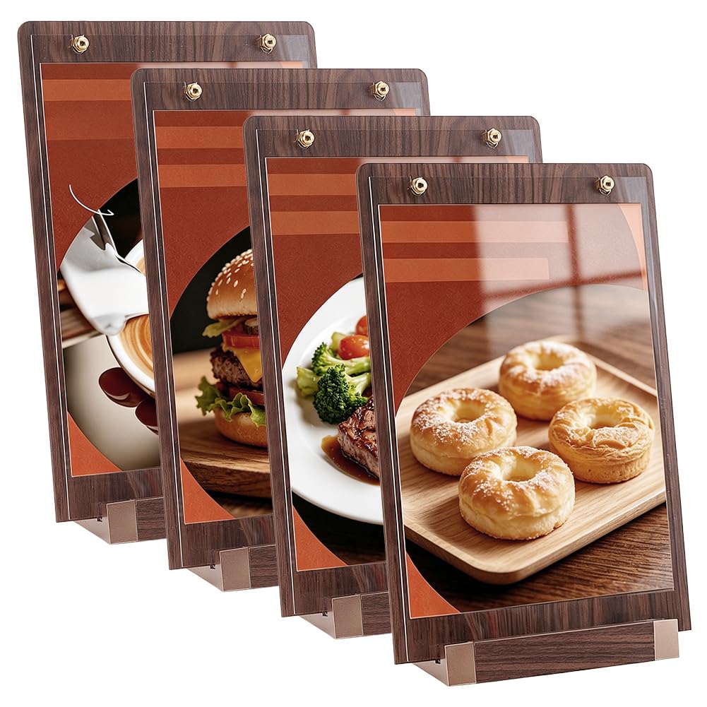 NBEADS 4 Supporti Cartellini A4 Acrilici Base Legno, Espositori Verticali Da Tavolo Per Listini Prezzi Menu Locali Caffè Ristoranti Hotel Uffici, Colore Cammello, 22,6x6,75x34,6cm