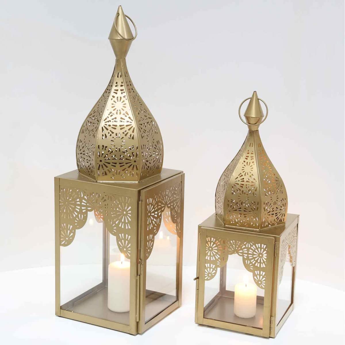 Casa Moro Lanterne orientale dorée Lot de 2 en verre et métal Forme minaret Lanterne marocaine en verre Bougeoir Photophore Décoration intérieure Modena L&M IRL645