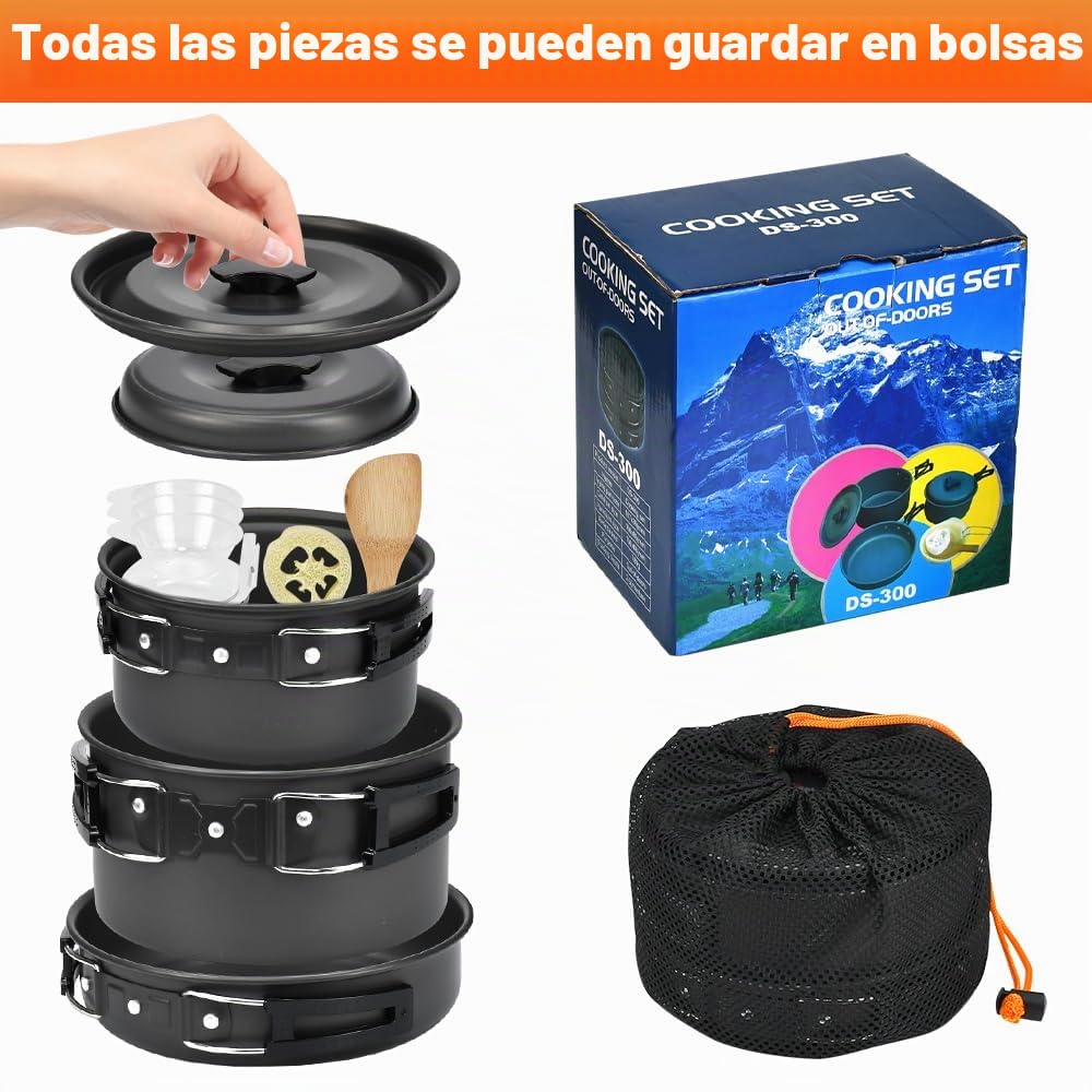 9 pcs Utensilios de Cocina para Camping, Juego de Ollas y Sartenes para Camping Vajilla para Acampada Portátil, Kit Utensilios de Cocina Camping para 2-3 Personas para Senderismo Picnic