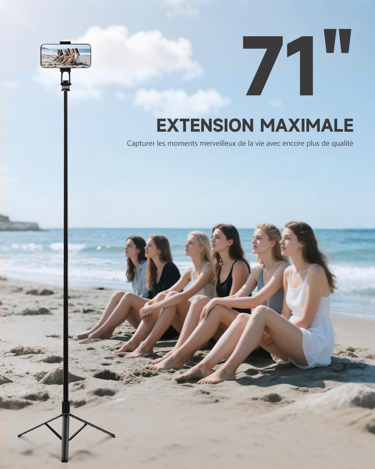 180cm Trepied Smartphone & Perche a Selfie, Trepied Telephone Portable Rétractable en Aluminium avec Télécommande sans Fil pour iPhone/Samsung/Android/Caméra