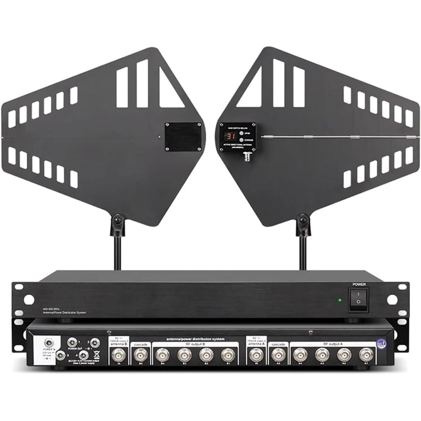 System dystrybucji zasilania anteny UHF, Aktywne anteny kierunkowe System mikrofonów bezprzewodowych, 2 łopatki antenowe, Zakres częstotliwości 400-950 MHz, Wzmocnienie sygnału 1000 m(16 input)