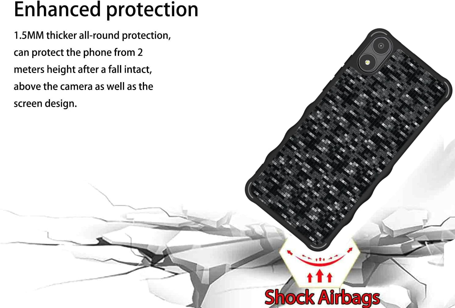 Illustration of the phone case's shock airbag technology for drop protection.