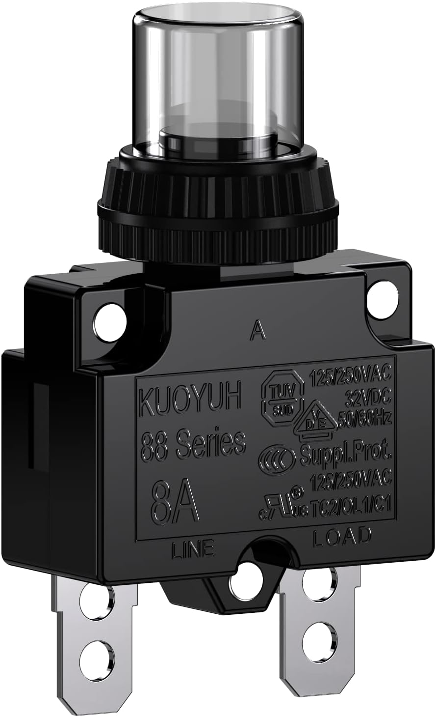 Thermal Overload Circuit Breaker 88 Series 8A 32V DC 125/250VAC 50/60Hz Push Button Reset Switch and Waterproof Button Transparent Cap 1 Pcs