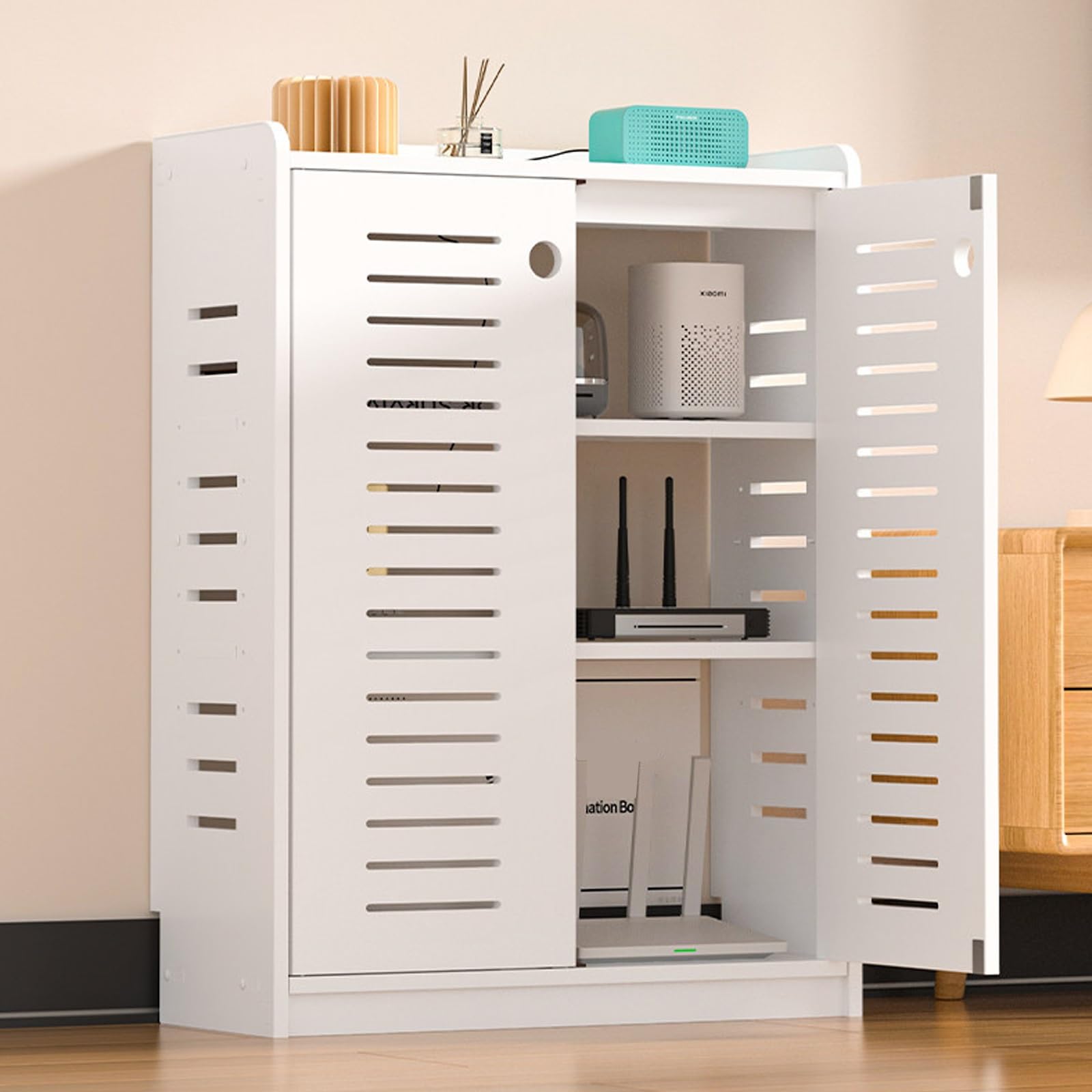 Mueble de router moderno de PVC con puertas magnéticas y gestión de cables avanzada