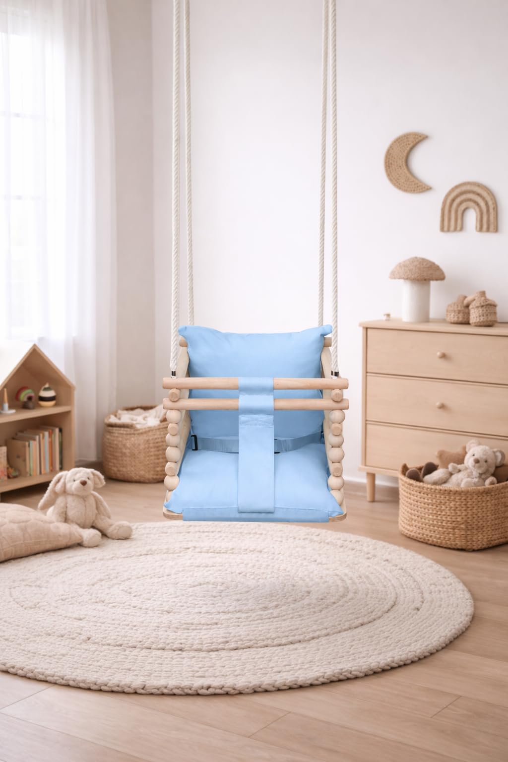 MAMOI® Babyschaukel, Schaukel Indoor und Outdoor, Holzschaukel für Baby und Kinder, Kinderschaukel, Schaukeln aus Holz, Kleinkinderschaukel für kinderzimmer und türrahmen, 3 in 4