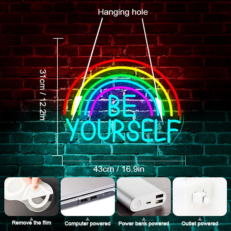 Image of WLHOPE Be Yourself Neon Sign Be Yourself Neon Signs for Wall Decor Rainbow Neon Lights Classroom LED Light Up Sign for Bedroom Bookstore Reading Room Library Study Room Decoration