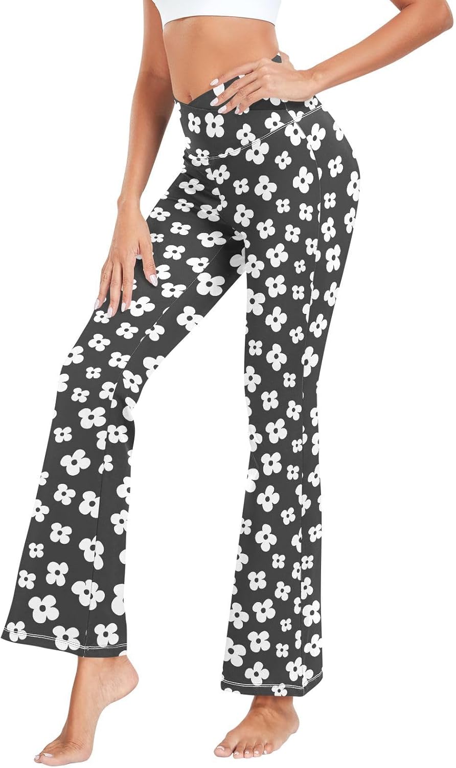 Fustylead White Flowers Women's V Crossover High Waist Flare Yoga Pants