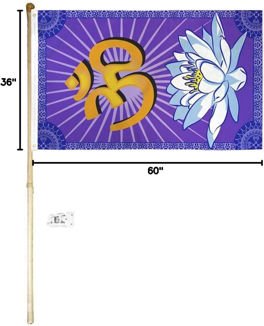 3x5 3'x5' OM Sanskrit Prayer Polyester Flag With 5' (Foot) Flag Pole Kit With Wall Mount Bracket & Screws (Imported)