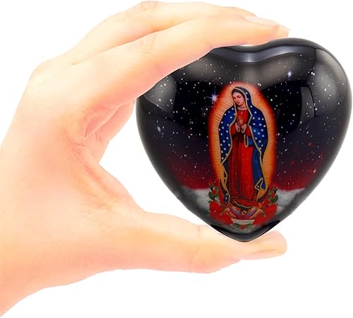Miniatura 5 de Urna de recuerdo de corazón de Nuestra Señora de Guadalupe, urna y almacenamiento de cenizas, urna religiosa para cenizas, urna de intercambio