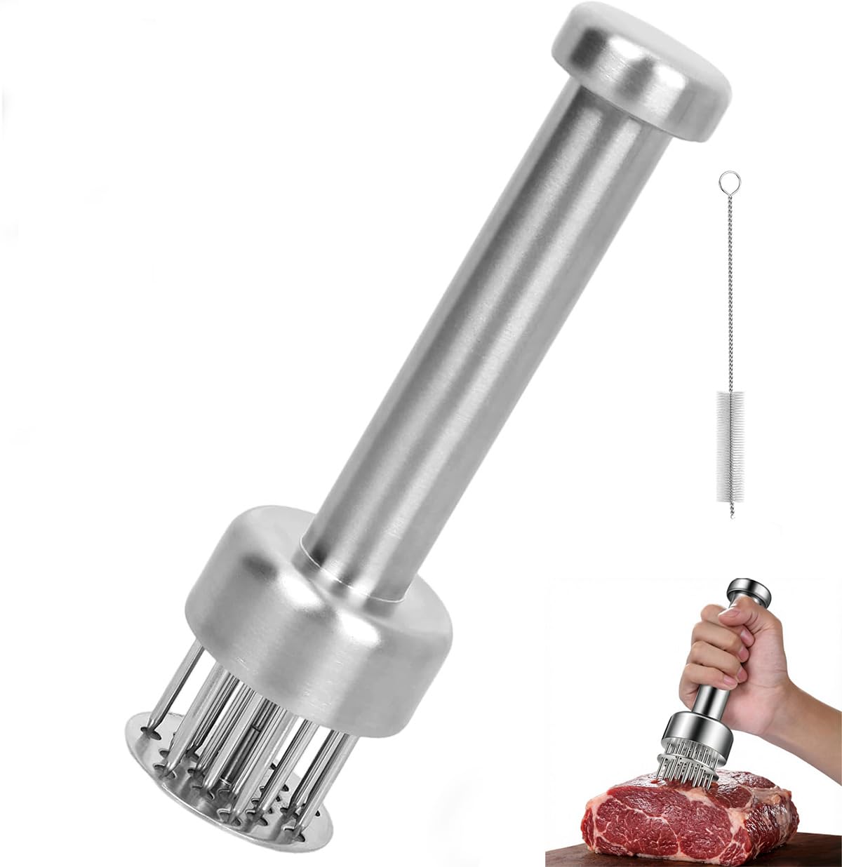 Stainless Steel Meat Tenderizer Tool, 21 Needles, Automatic Rebound Effortless Safe Hand-Protecting for Steak Beef Chicken Pork BBQ Prep, Kitchen Meat Puncture Tool, Fast Marinating, Cleaning Brush