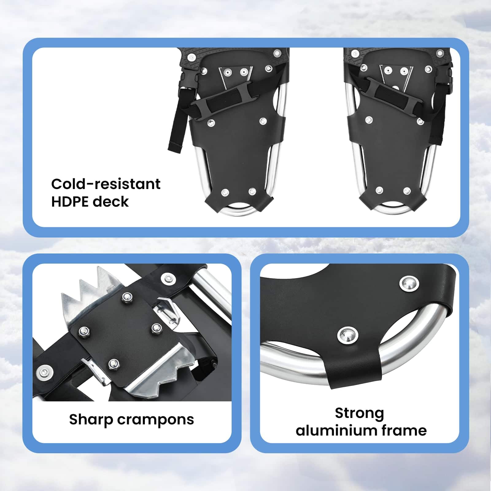 vidaXL Ciaspole 3 in 1 Argento e Nero 63 x 21 cm Alluminio e HDPE, Ciaspole in alluminio per il giardino, attrezzatura outdoor regolabile, accessori moderni per camminare sulla neve