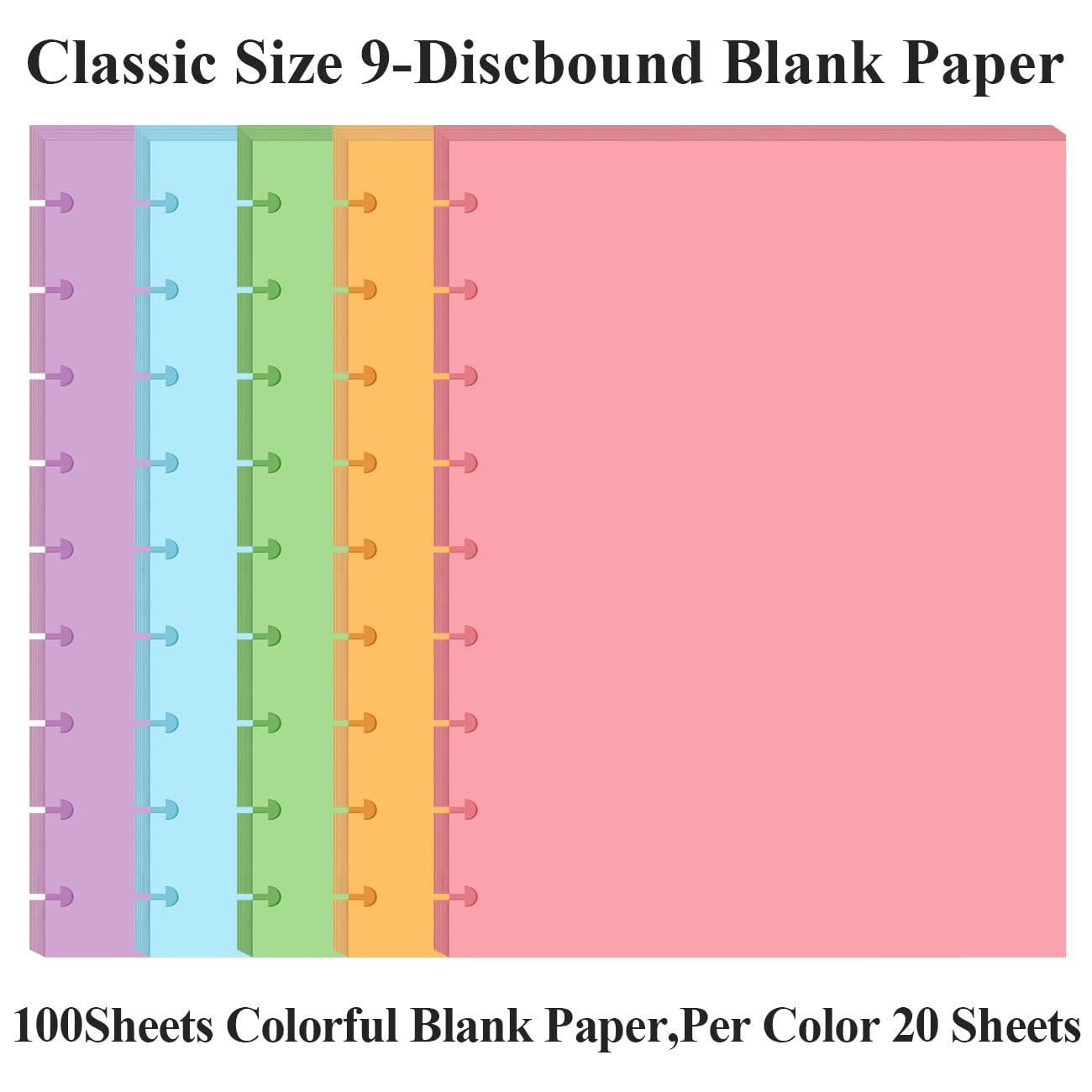 9-Disc Discbound 5 kolorowych pustych papieru wstępnie dziurkowane wkładki Happy Planners, 100 arkuszy/200 stron klasyczny rozmiar pusty papier liściasty, na kolor 20 arkuszy, 17,8 cm x 23,5 cm