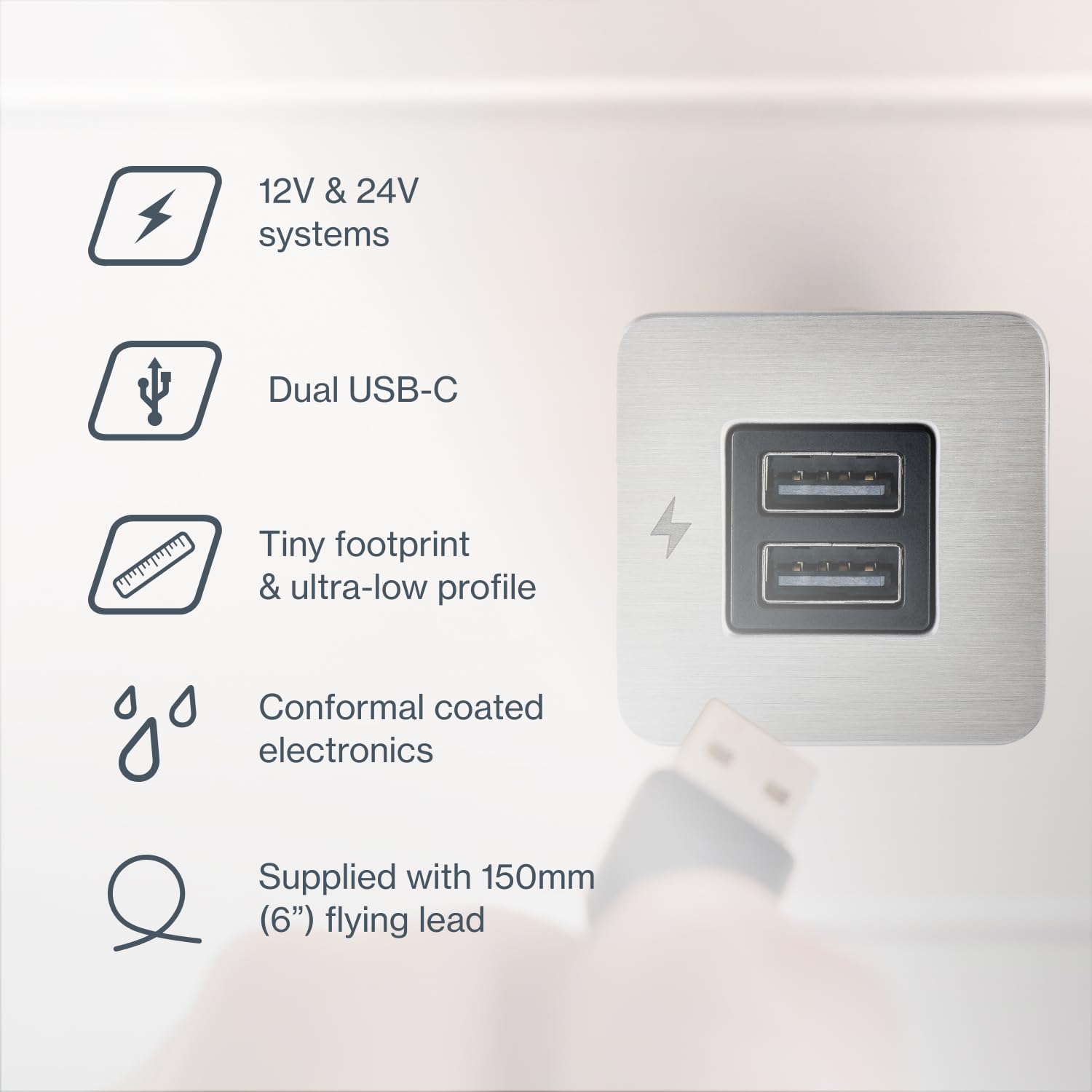 Scanstrut SC-TILE-21 Unterputz Dual USB-C Ladebuchse 10-32V | Bis zu 36W an 12V / 60W auf 24V | Ultra-Low Profile 40mm Standfläche | Edelstahl Lünette | Marine & RV Innenraum USB Ladegerät